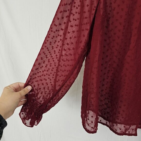 Modcloth Red Mock Neck Women's Size Large Shear Heart Print Long Sleeve Blouse - Picture 3 of 7